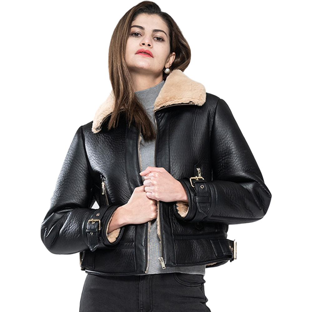 Premium Black Fashion Fur Leather Jacket for Women