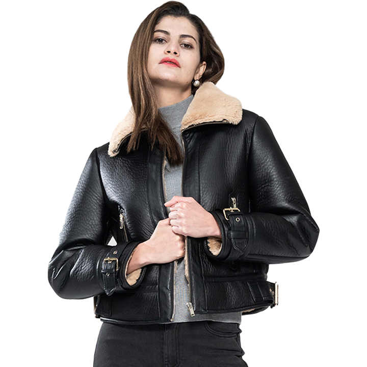 Premium Black Fashion Fur Leather Jacket for Women