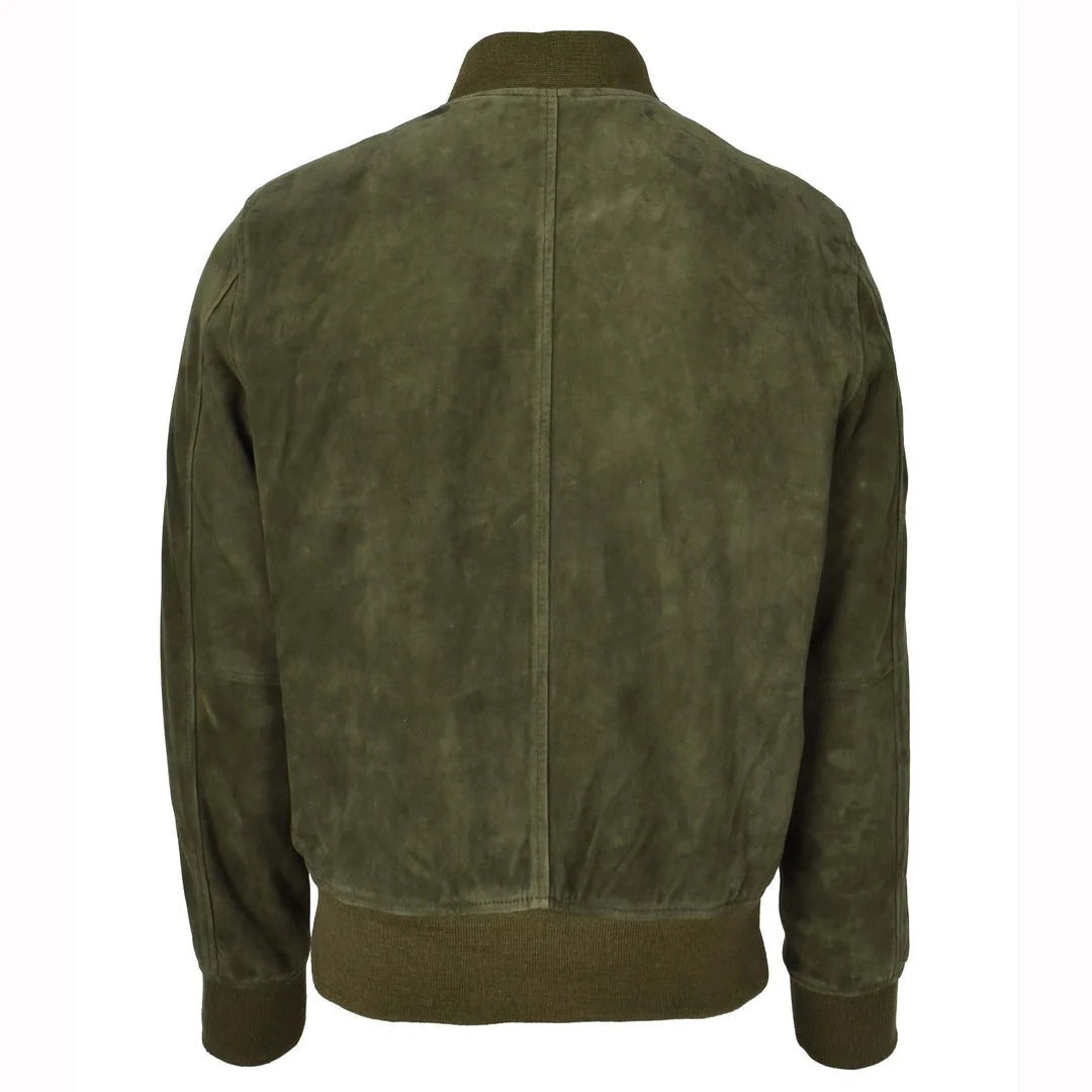 Mens Real Goat Suede Bomber Jacket MA-1 Varsity Design Ryan Olive Green