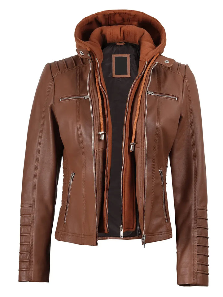 Women's Cognac Brown Leather Jacket With Removable Hood