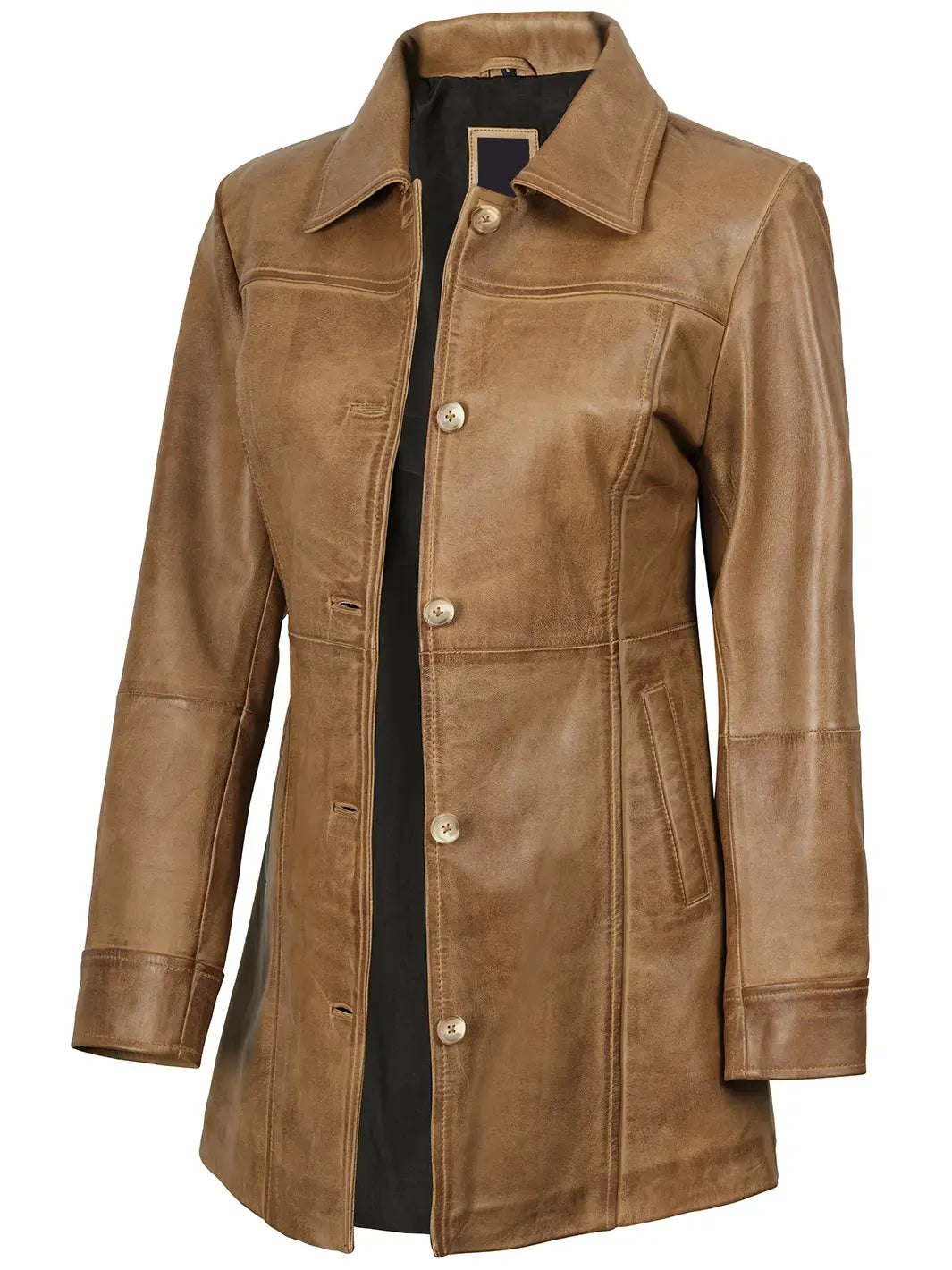 Kandis Womens Camel Brown Real Leather Car Coat