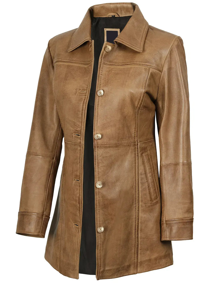 Kandis Womens Camel Brown Real Leather Car Coat