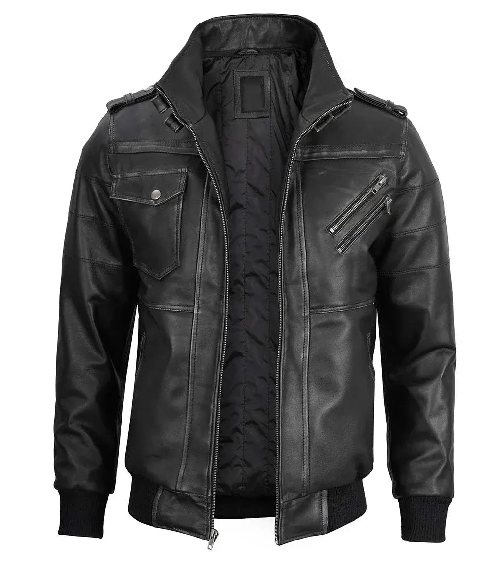 Men's Bomber Dark Grey Leather Jacket with Removable Hood