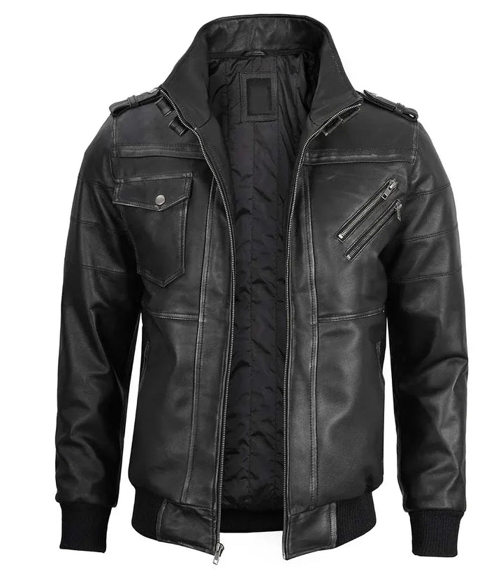 Men's Bomber Dark Grey Leather Jacket with Removable Hood