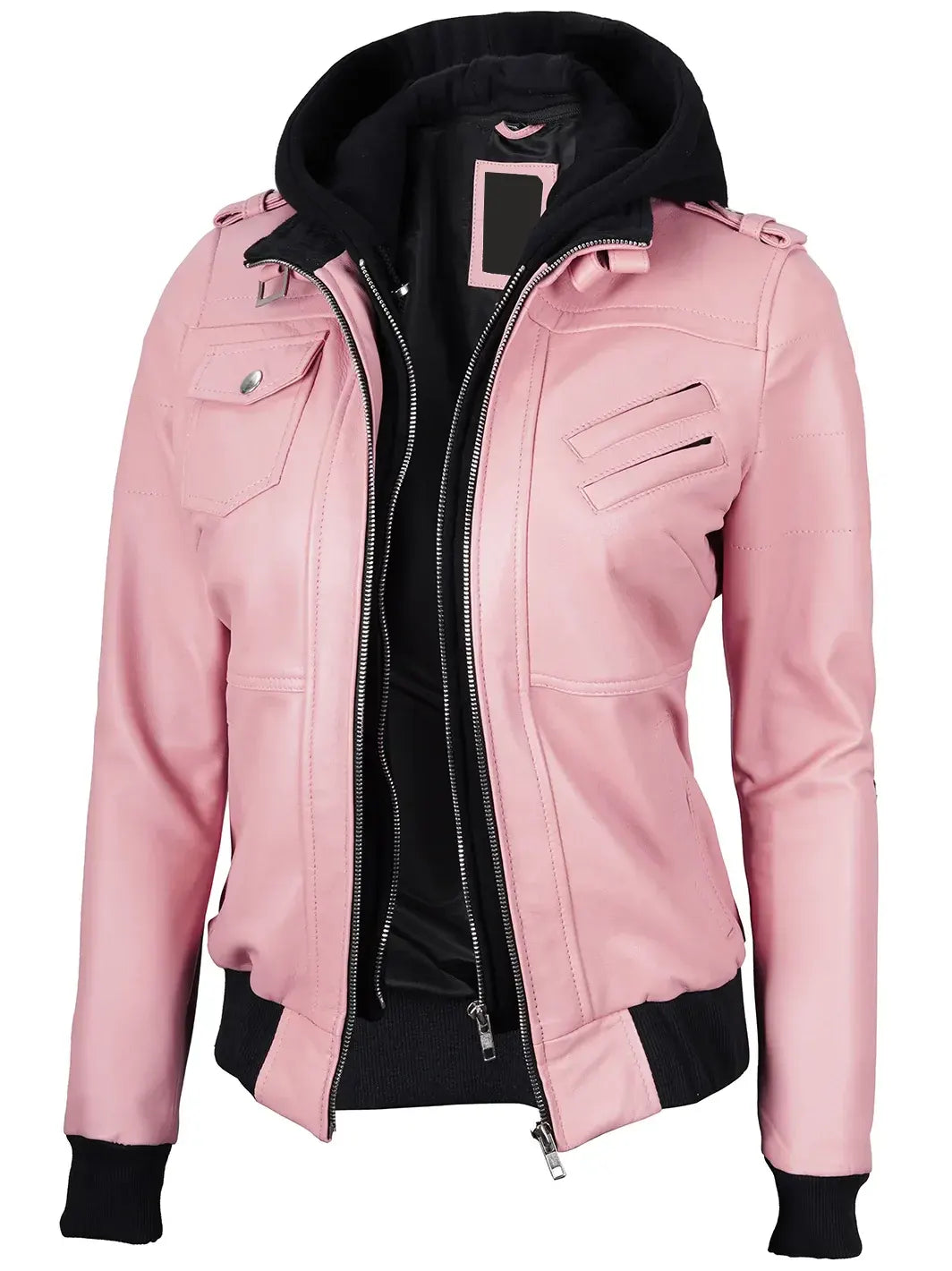 Women's Pink Leather Jacket with Removable Hood