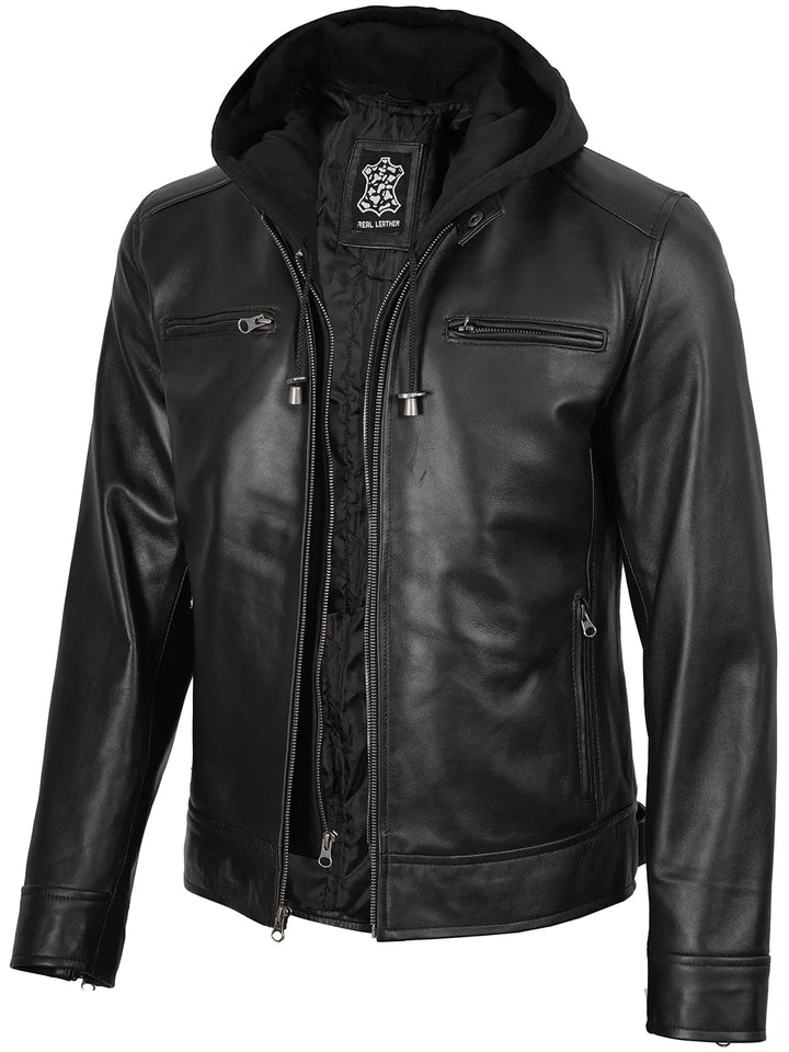 Men's Black Biker Style Leather Jacket with Removable Hood