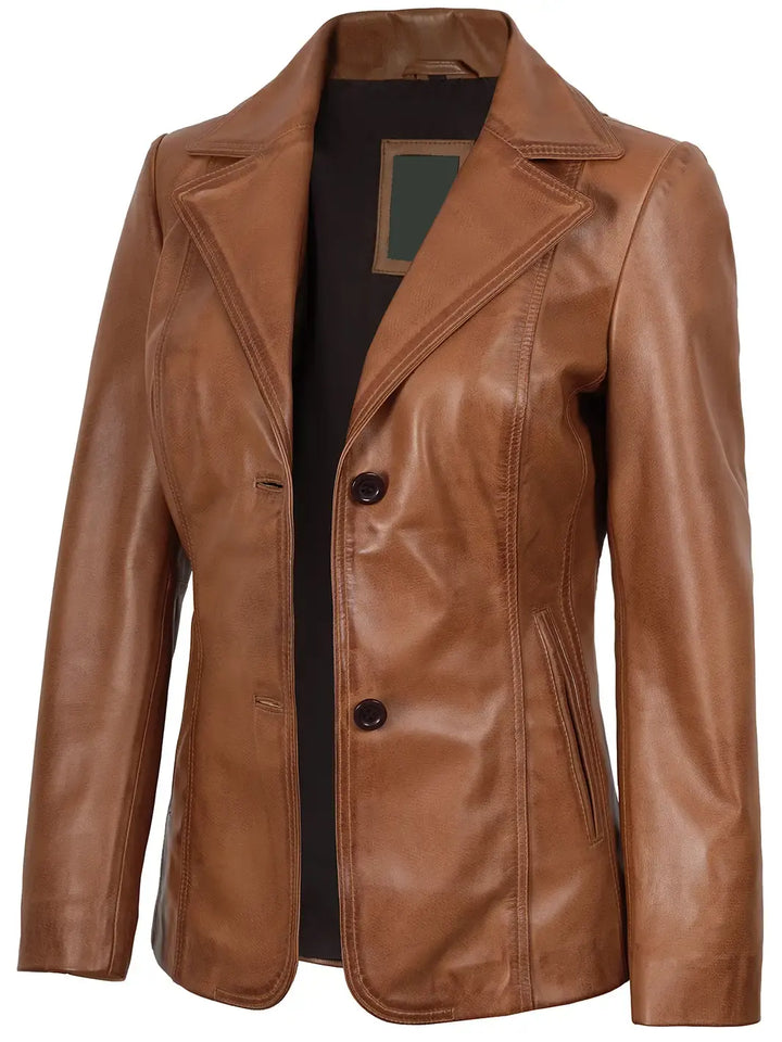 Women's Two Button Tan Brown Leather Blazer Jacket