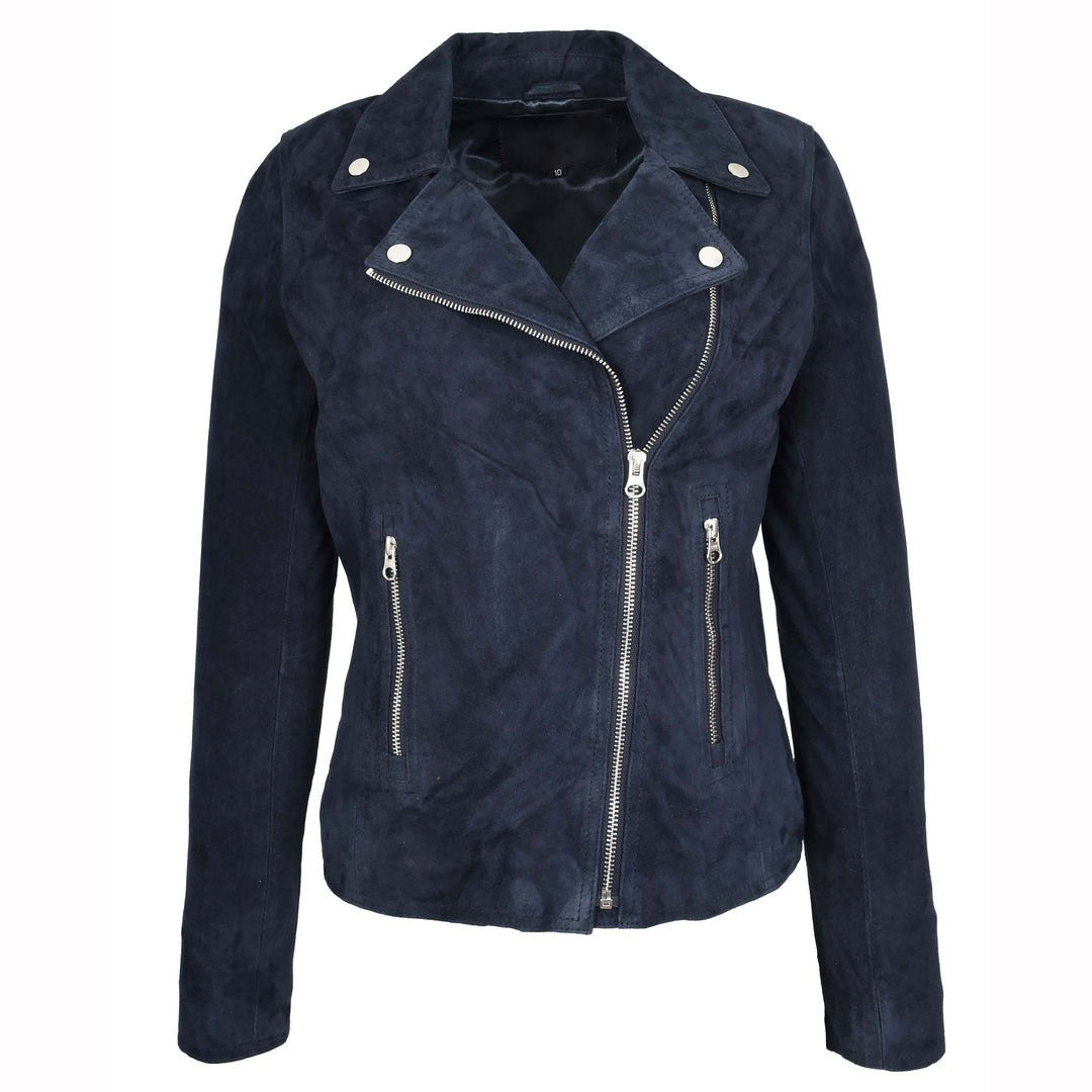 Women's Genuine Goat Suede Biker Jacket Lola Navy Blue