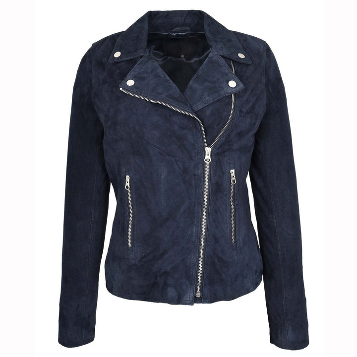 Women's Genuine Goat Suede Biker Jacket Lola Navy Blue