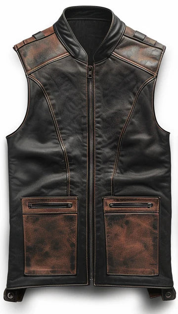 Men’s Brown Black Distressed Motorcycle Leather Vest