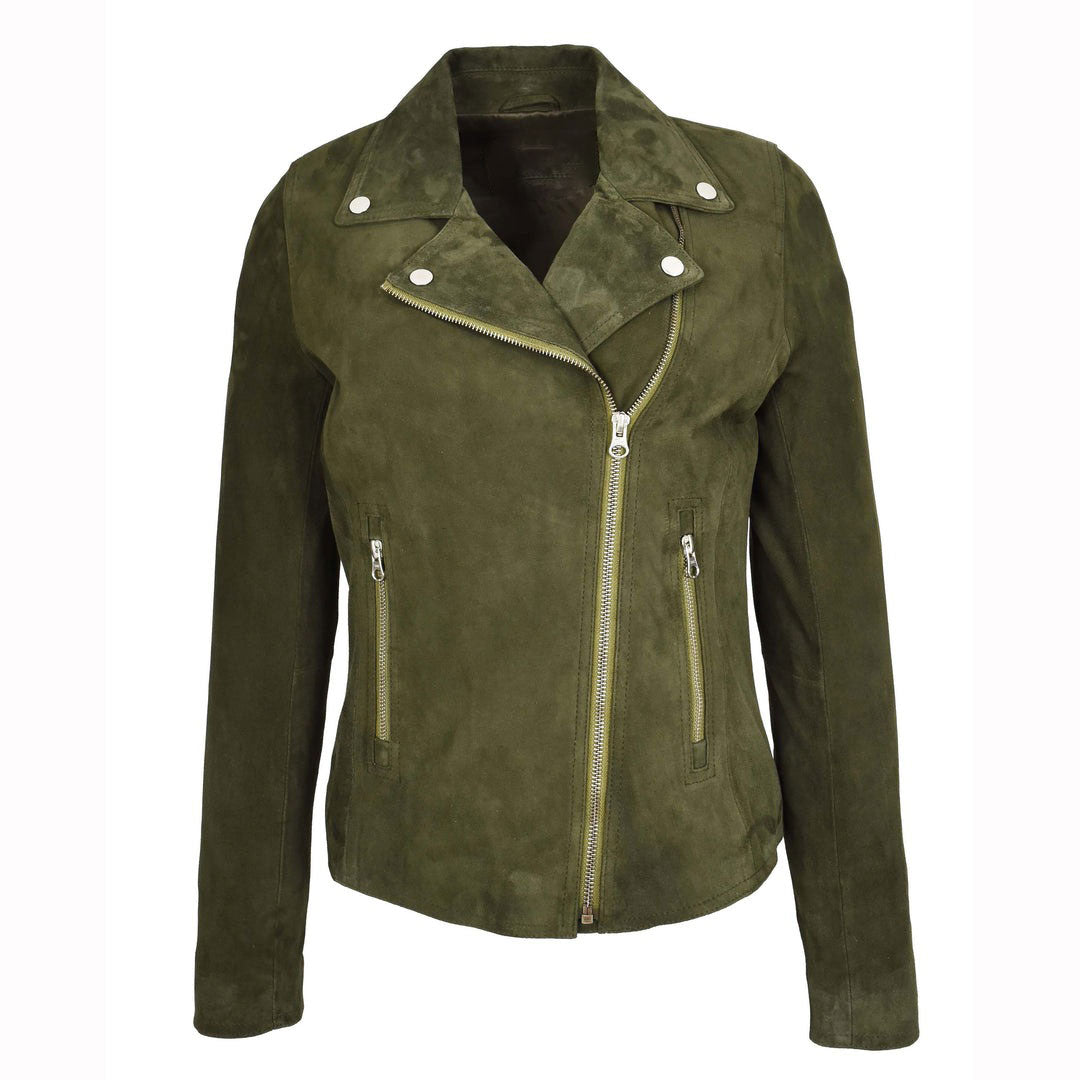 Women's Genuine Goat Suede Biker Jacket Lola Olive Green