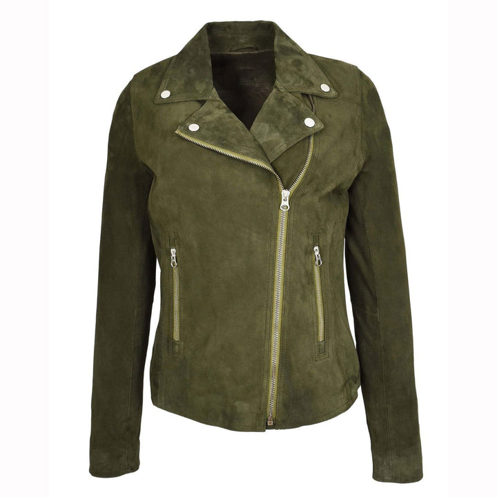 Women's Genuine Goat Suede Biker Jacket Lola Olive Green