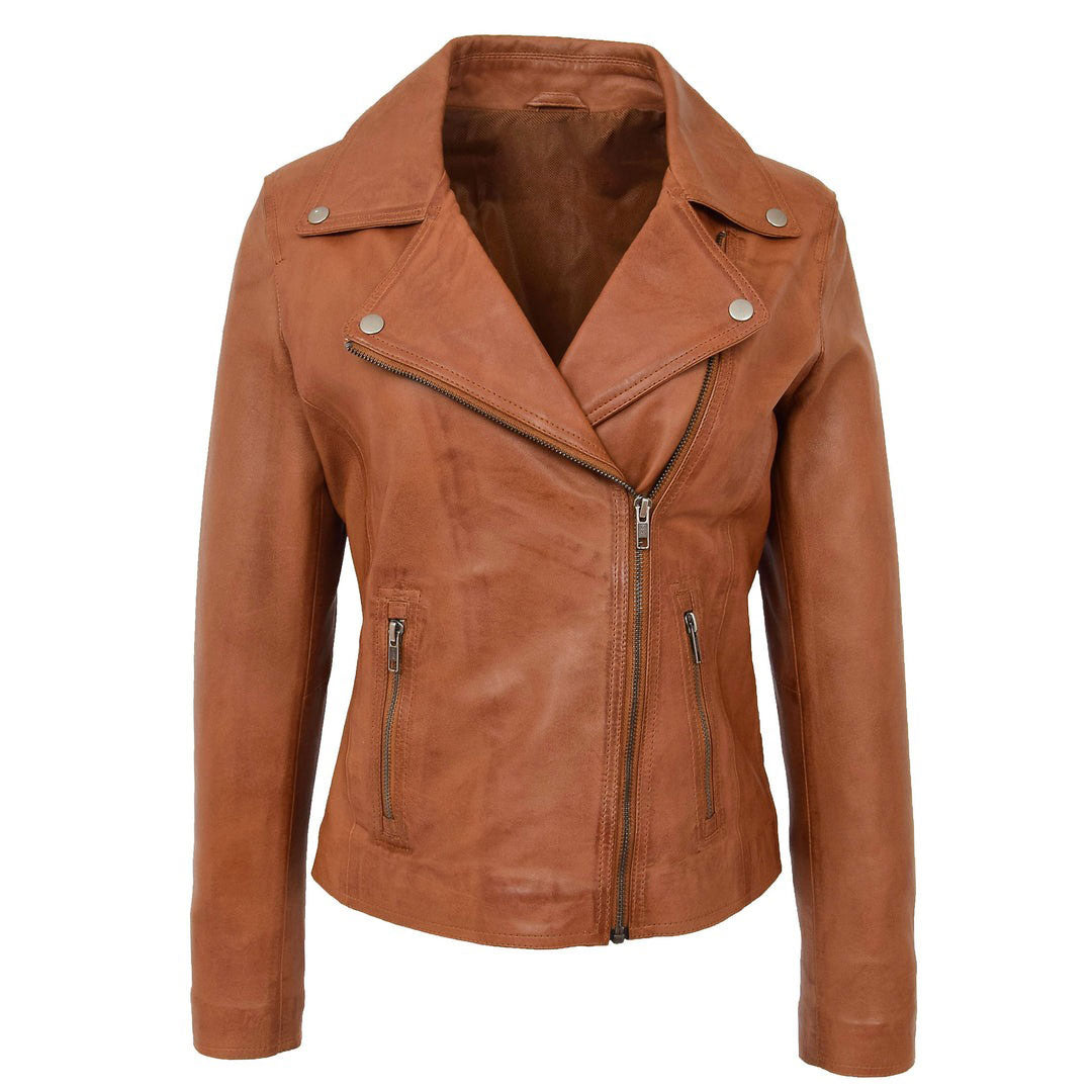 \woman jackets\Womens Soft Leather Cross Zip Biker Jacket Lola Tan