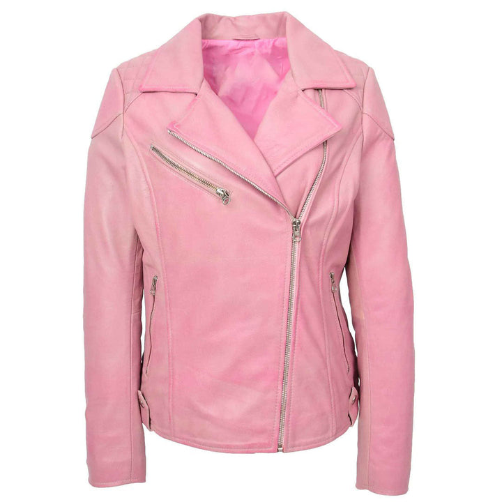 Womens Real Leather Biker Jacket Cross Zip Pockets Cherry Pink