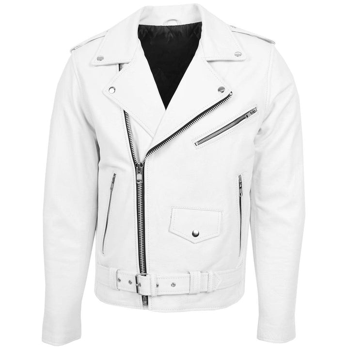 Mens Heavy Duty Leather Biker Brando Jacket Kyle White