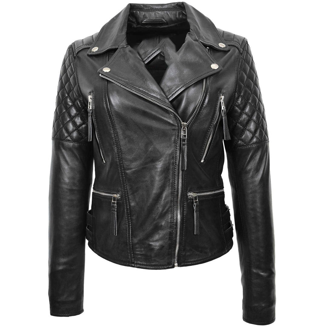 Womens Cross Zip Biker Leather Jacket Claudia Black