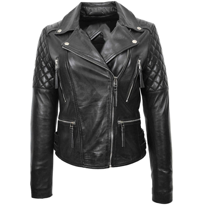 Womens Cross Zip Biker Leather Jacket Claudia Black