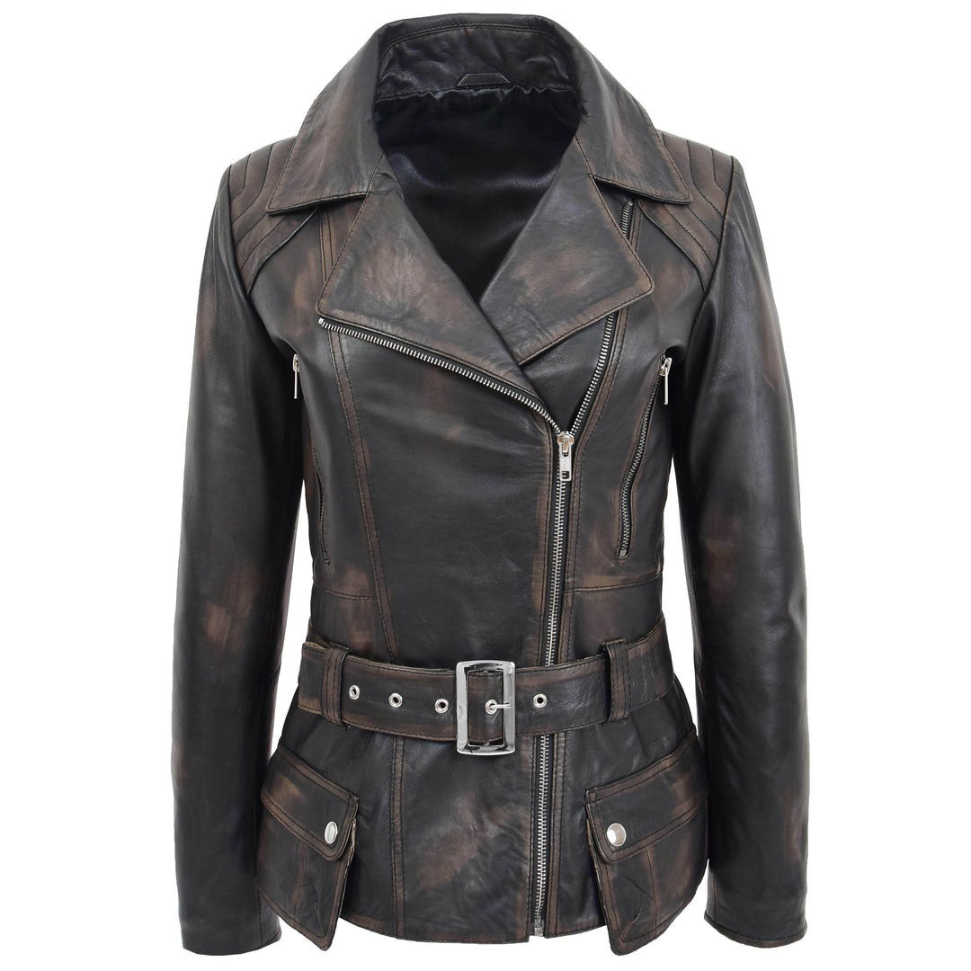Womens Leather Hip Length Biker Jacket Celia Rub Off