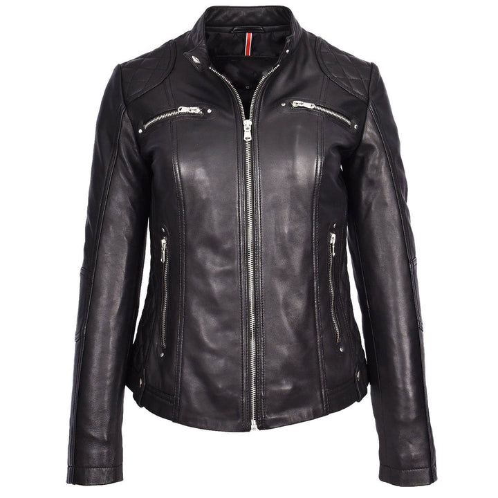 Womens Soft Black Leather Biker Jacket Fitted Quilted Casual Cafe Racer Style Zip Fasten Fiona