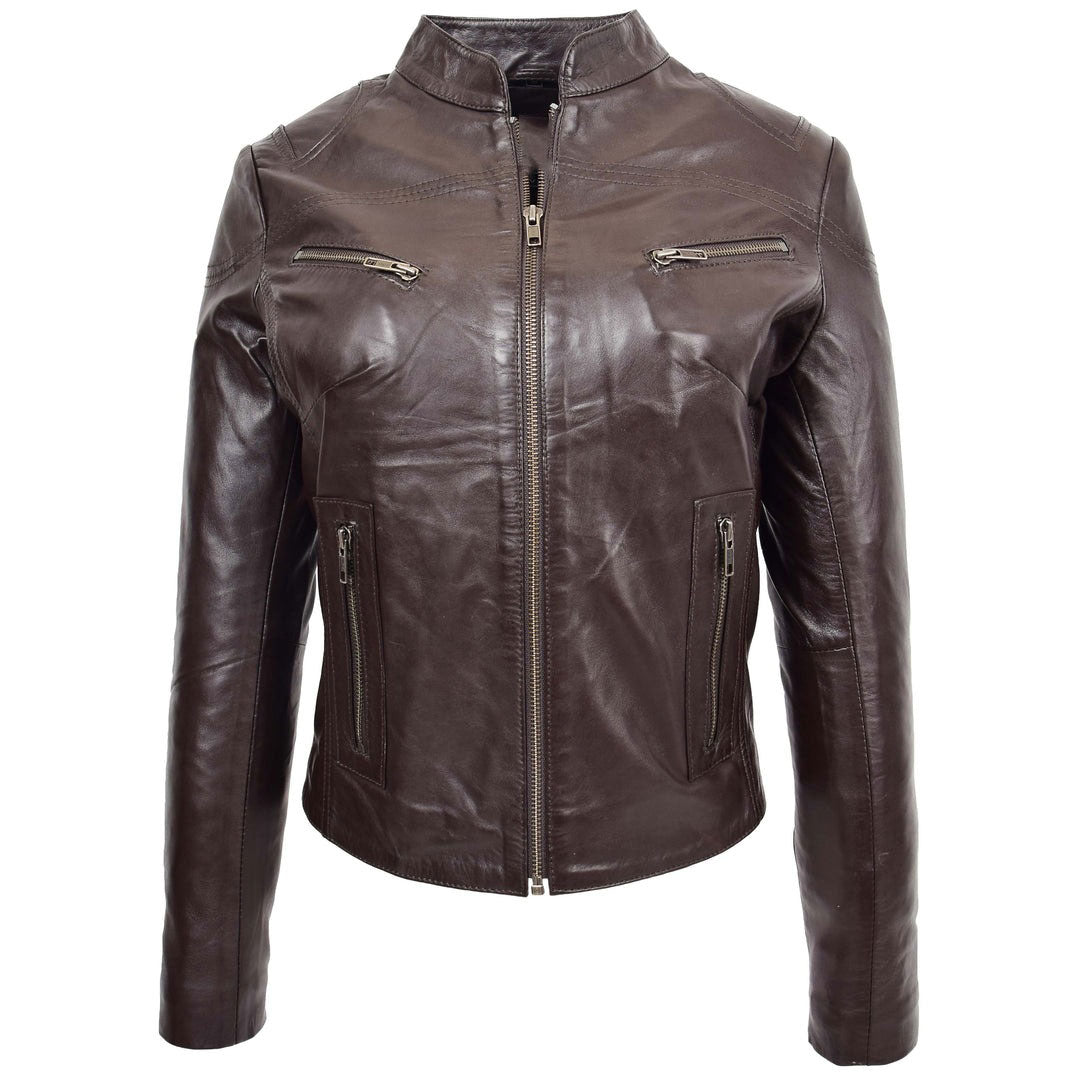 Womens Leather Standing Collar Jacket Becky Brown