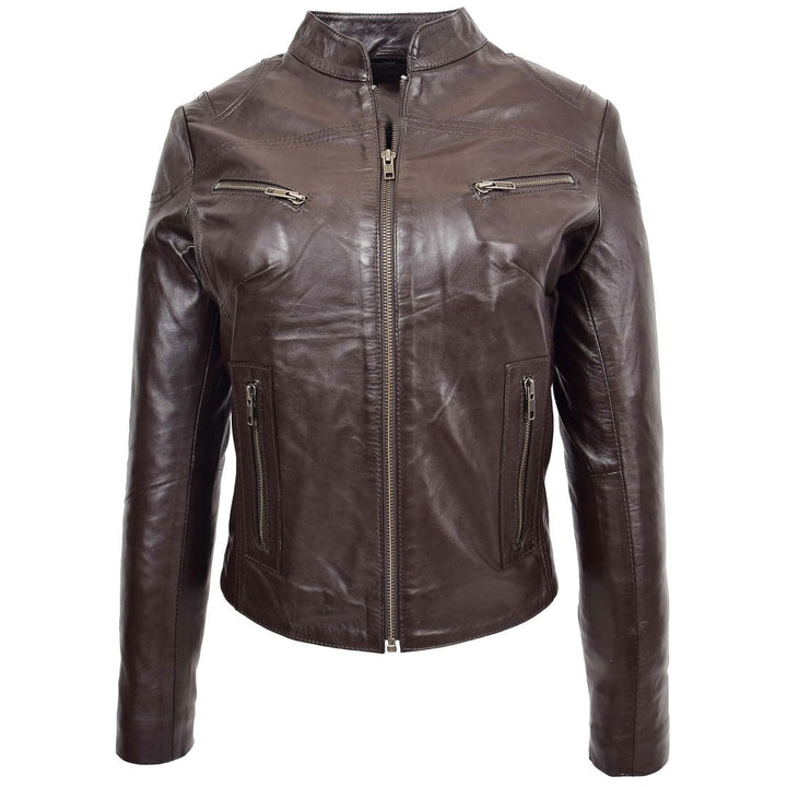 Womens Leather Standing Collar Jacket Becky Brown