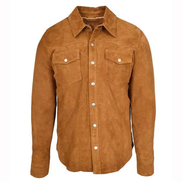 Mens Real Goat Suede Shirt Western Trucker Jacket Oliver Cognac