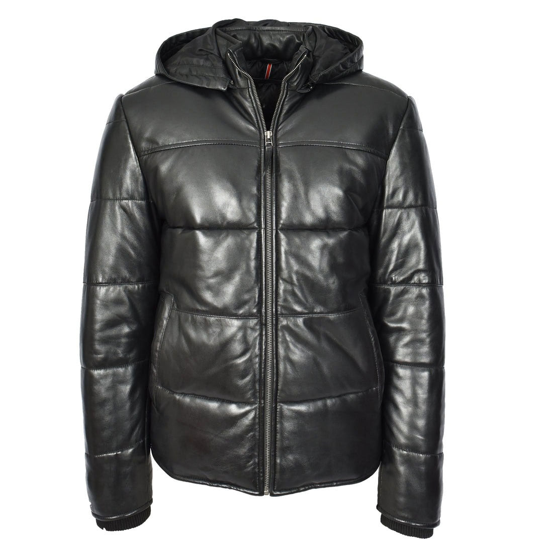 Men's Black Leather Puffer Jacket With Detachable Hood Quilted Padded Outerwear Rory