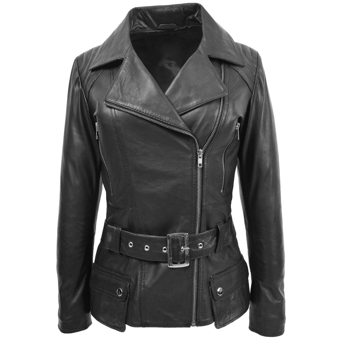 Womens Leather Hip Length Biker Jacket Celia Black