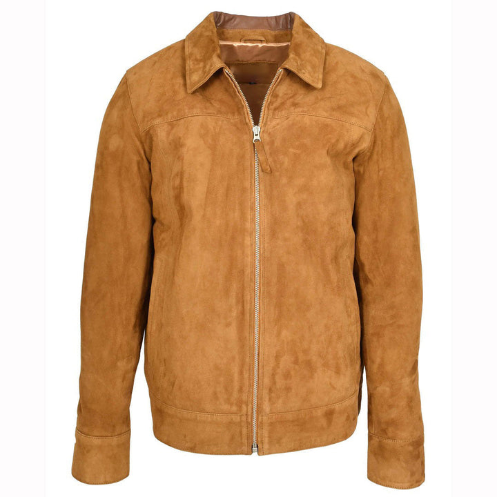 Mens Real Goat Suede Jacket Classic Zip Box Style Larry Cognac
