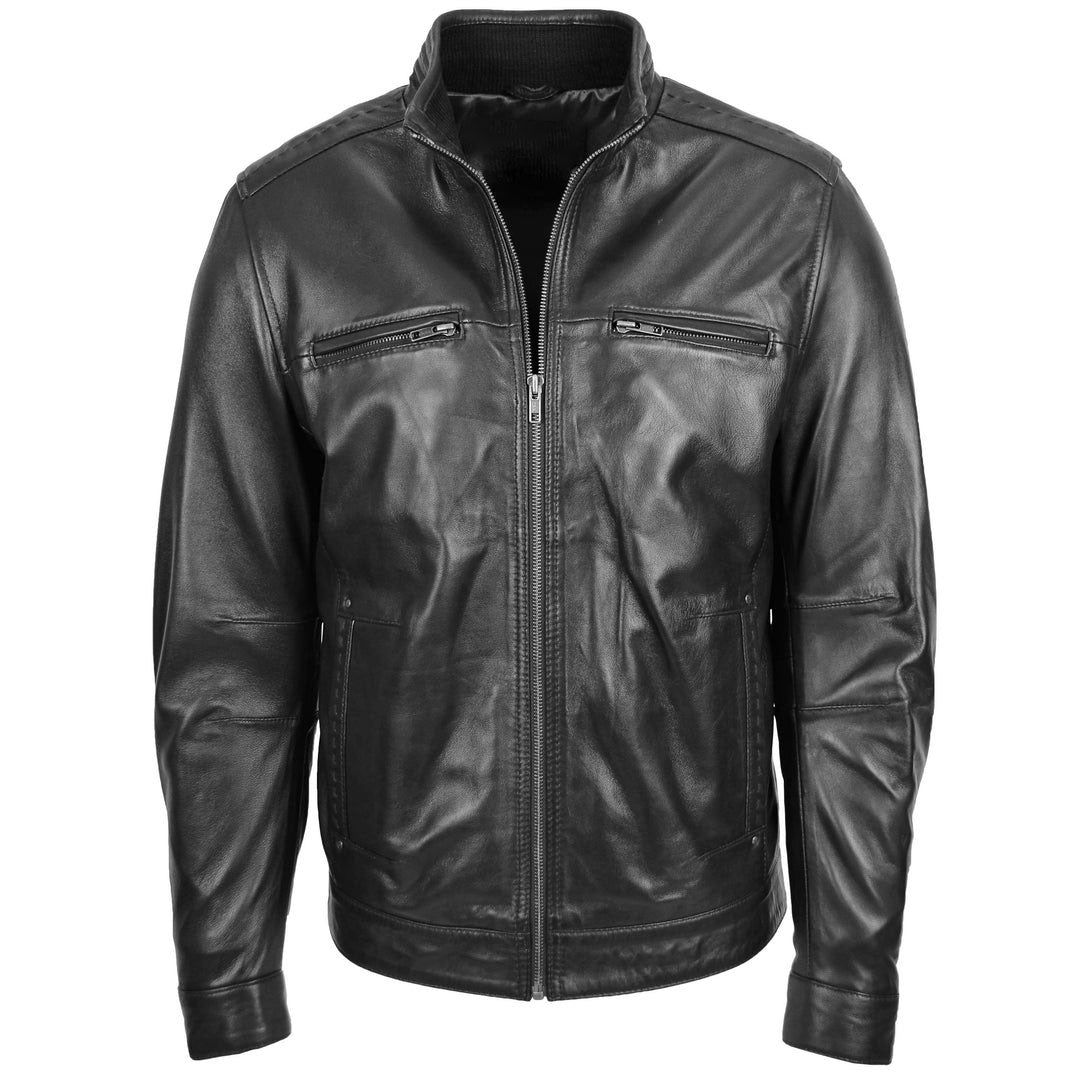 Men's Standing Collar Leather Jacket Tony Black
