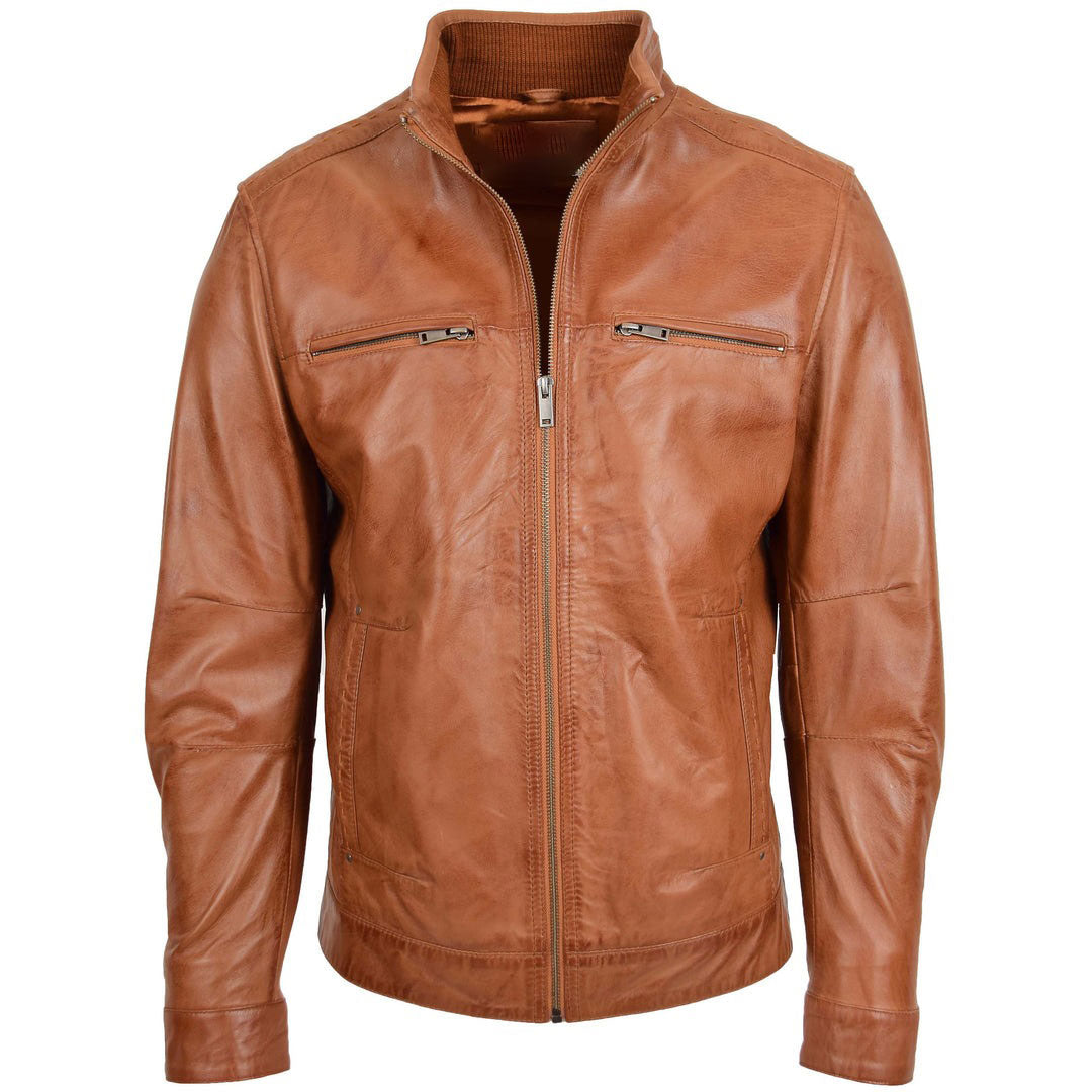 Men's Standing Collar Leather Jacket Tony Tan