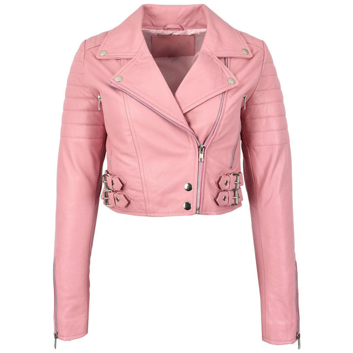 Womens Leather Cropped Biker Style Jacket Demi Baby Pink