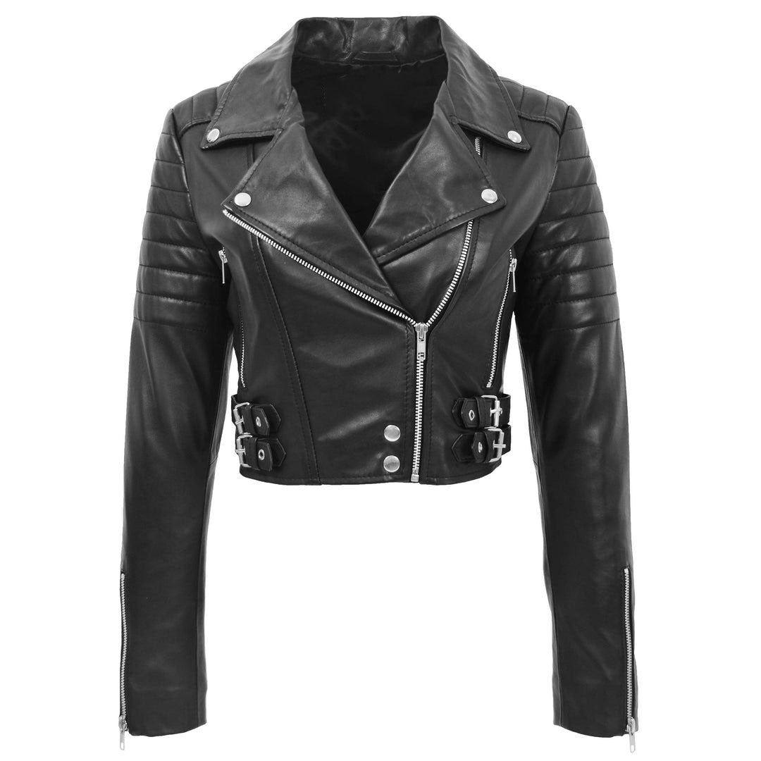 Womens Leather Cropped Biker Style Jacket Demi Black