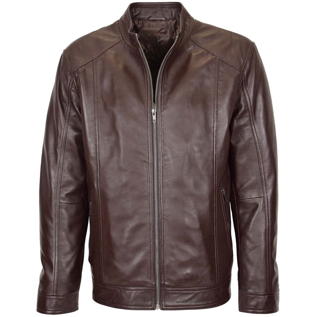 Mens Soft Leather Casual Plain Zip Jacket Matt Brown