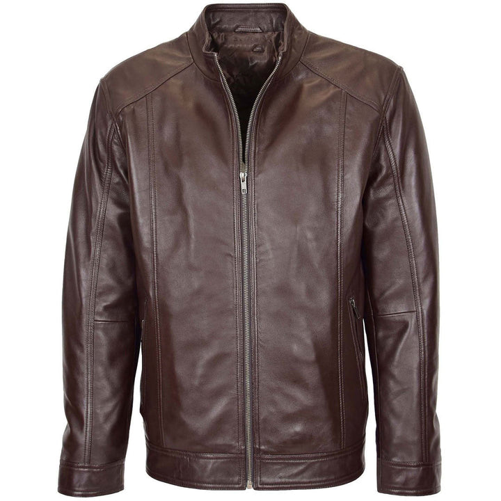 Mens Soft Leather Casual Plain Zip Jacket Matt Brown