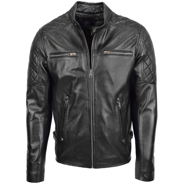 Mens Leather Biker Style Jacket with Quilt Detail Jackson Black