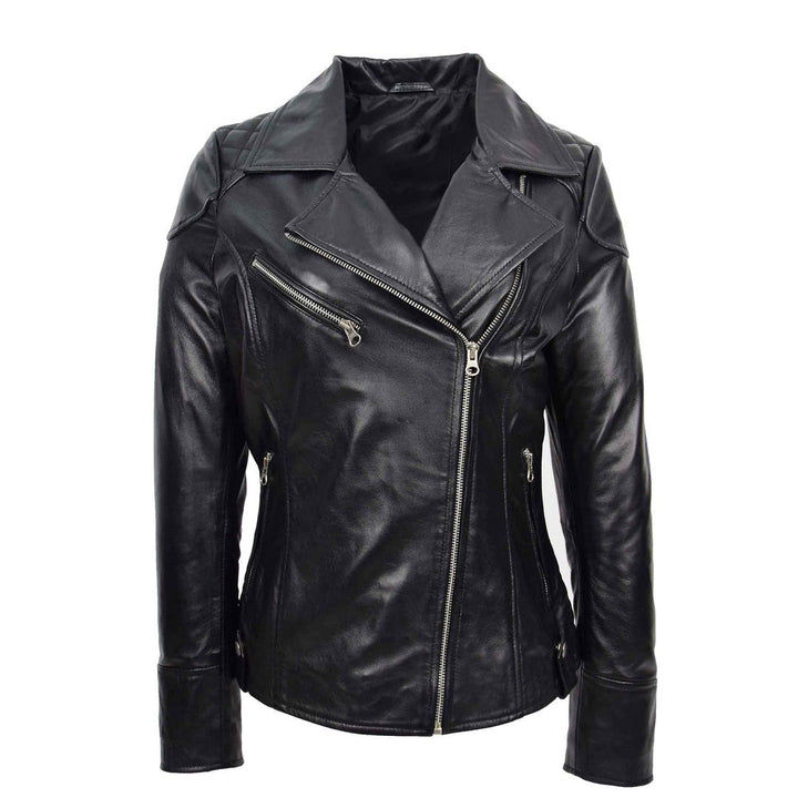 Womens Real Leather Biker Jacket Cross Zip Pockets Cherry Black