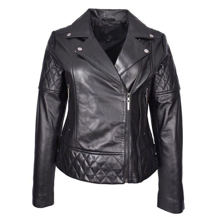 Women's Real Leather Jacket Multi Cross Zip Biker Style Fitted Quilted Nixi Black
