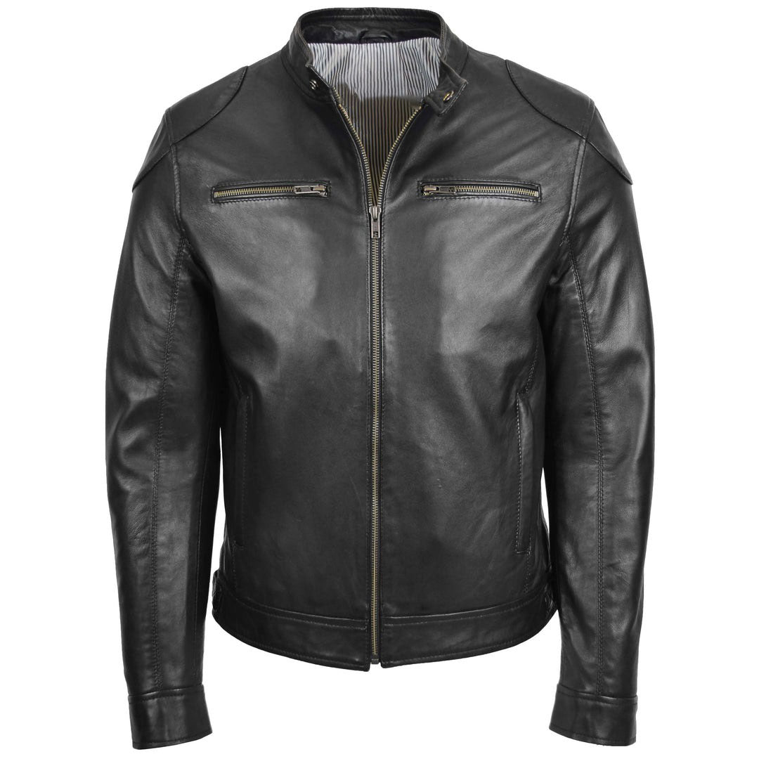 Mens Biker Soft Casual Leather Jacket Milton Black