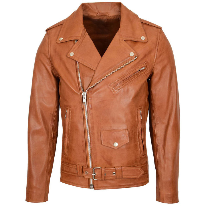 Mens Leather Biker Jacket Brando Style Johnny Tan