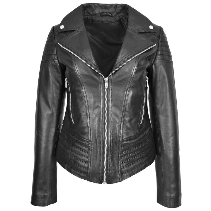 Womens Real Leather Biker Jacket Trendy Fitted Casual Style Emily Black