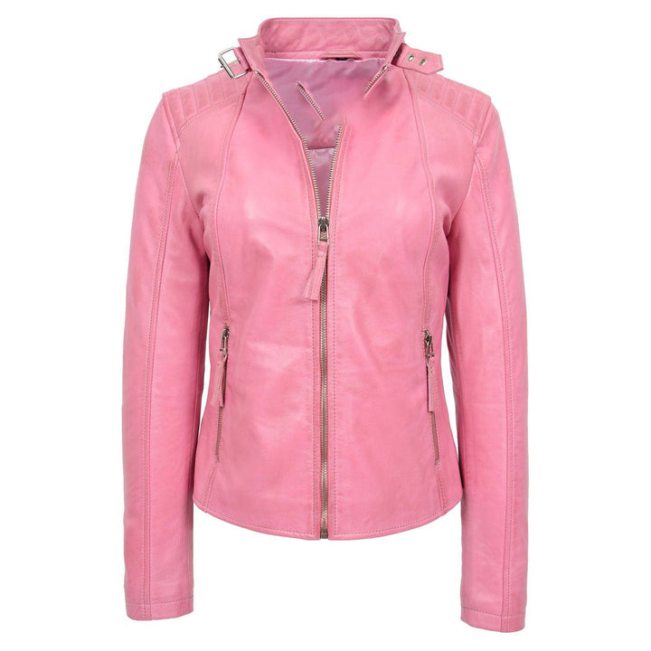 Womens Real Leather Classic Biker Jacket Sophia Baby Pink