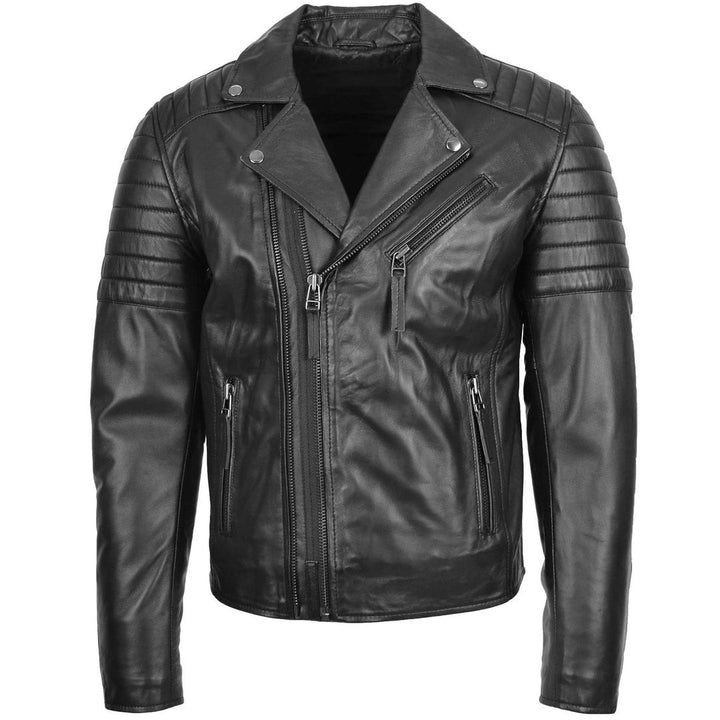 Mens Biker Leather Jacket Dual Zip Hook Black