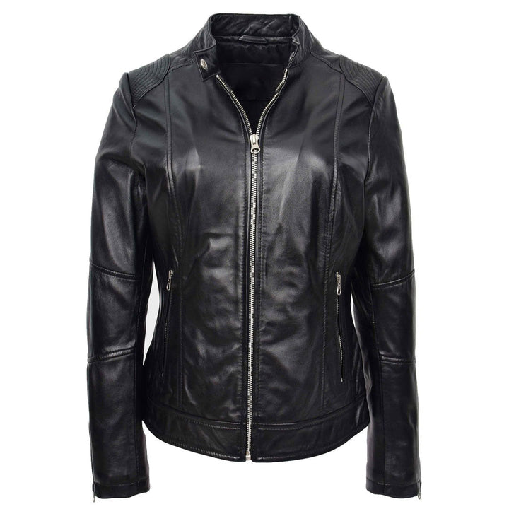 Womens Real Leather Biker Jacket Zip up Casual Connie Black