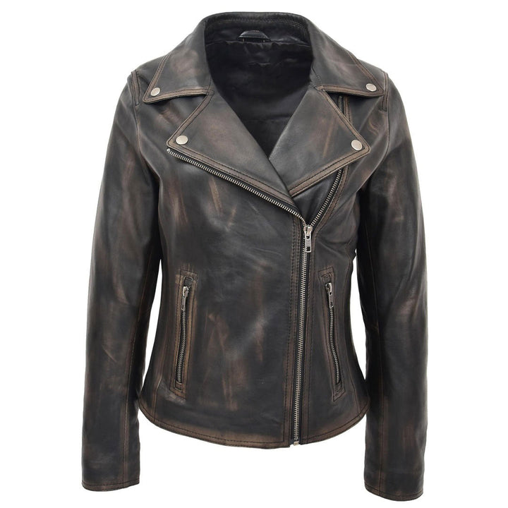 Womens Soft Leather Cross Zip Biker Jacket Lola Vintage Black