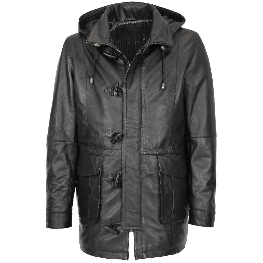 Mens Leather Duffle Coat with Hoodie Jack Black
