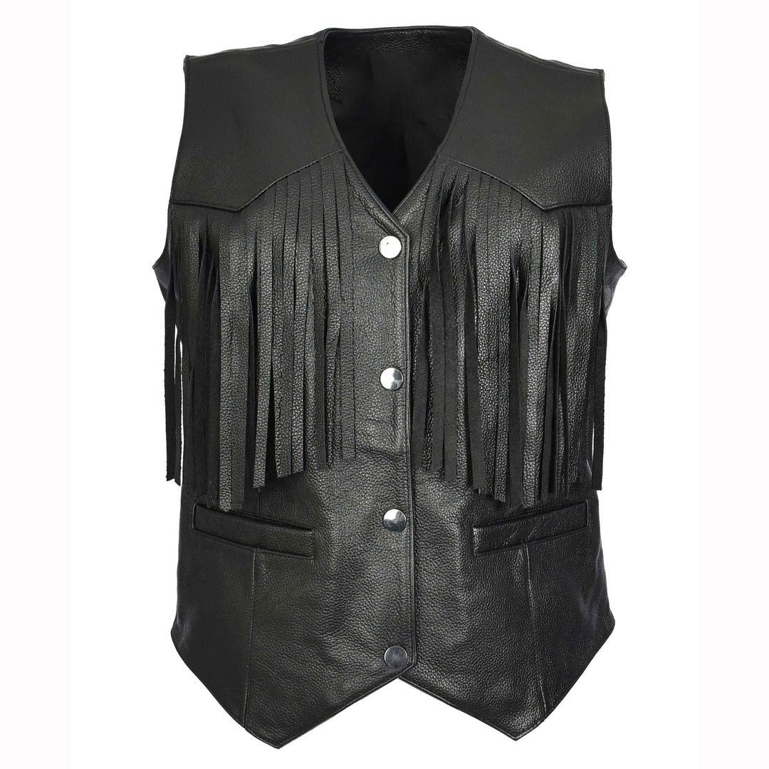 Women's Black Cowhide Leather Waistcoat Rider Biker Style with Fringe Details
