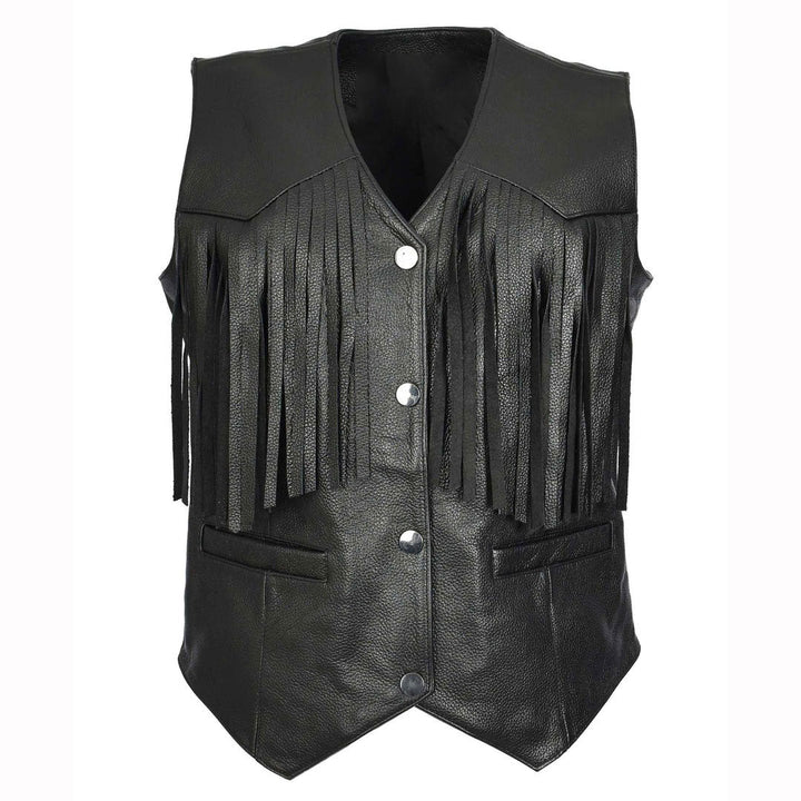 Women's Black Cowhide Leather Waistcoat Rider Biker Style with Fringe Details