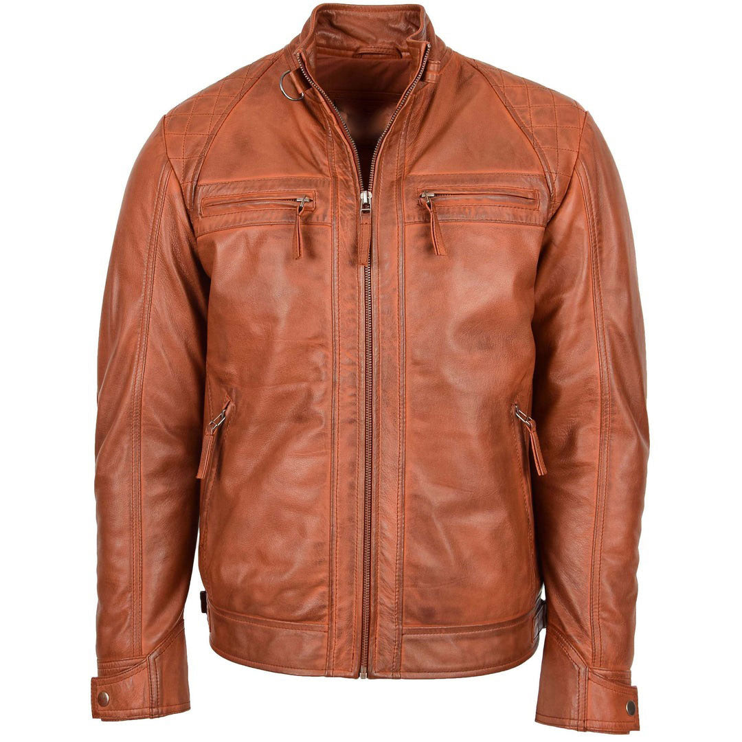 Mens Biker Leather Jacket Standing Collar Bowie Cognac Tan