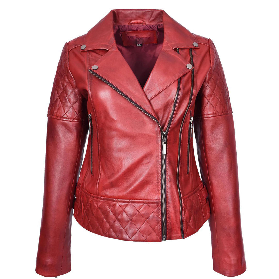 Women's Real Leather Jacket Multi Cross Zip Biker Style Fitted Quilted Nixi Burnish Red